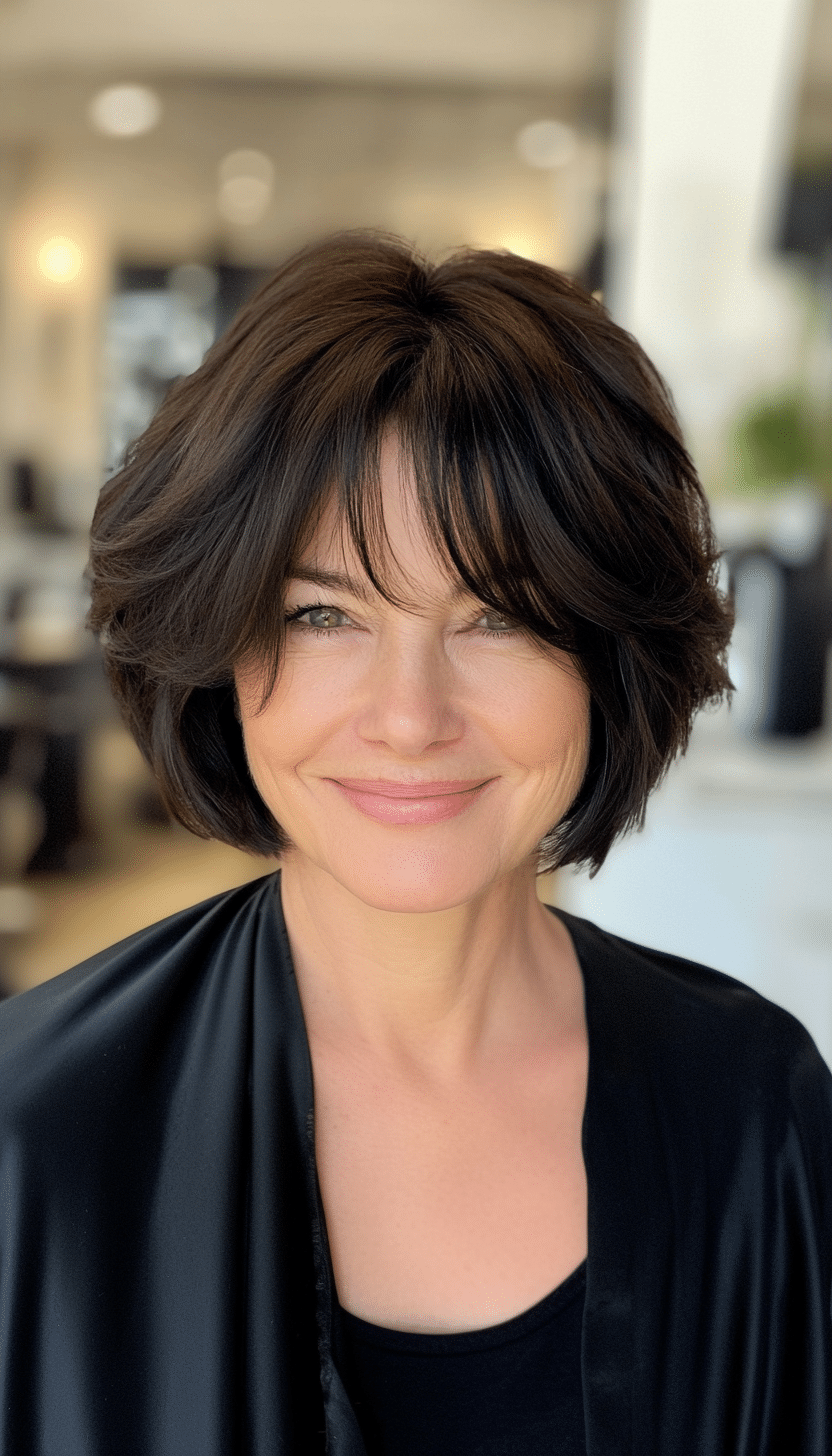 21. Black Layered Bob with Soft Bangs (Short Layered Hairstyles For Women Over 60) - Short Layered Hairstyles For Women Over 60