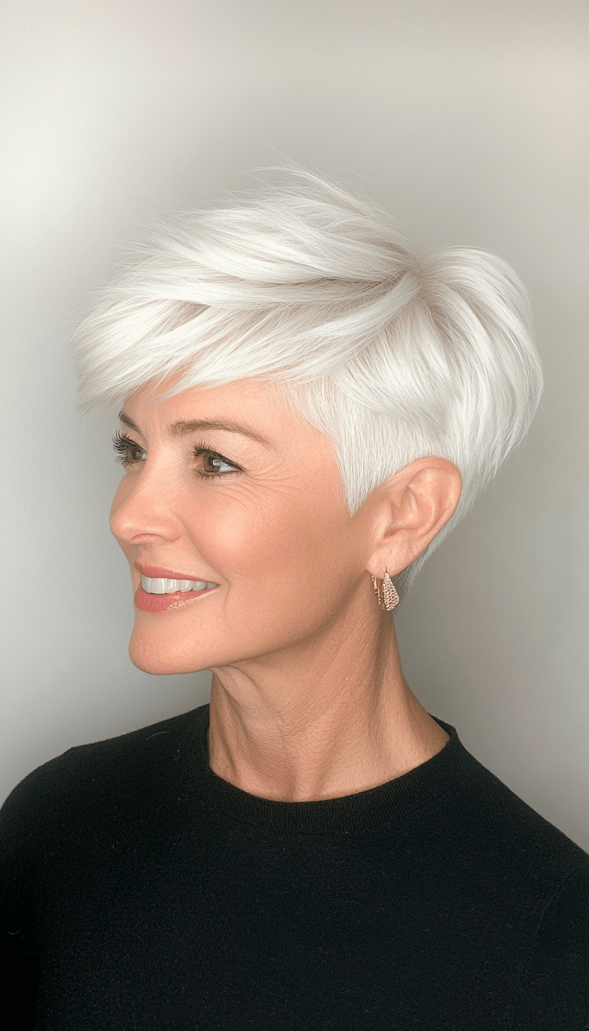 24. Pure White Pixie with Angled Layers (Short Layered Hairstyles For Women Over 60) - Short Layered Hairstyles For Women Over 60