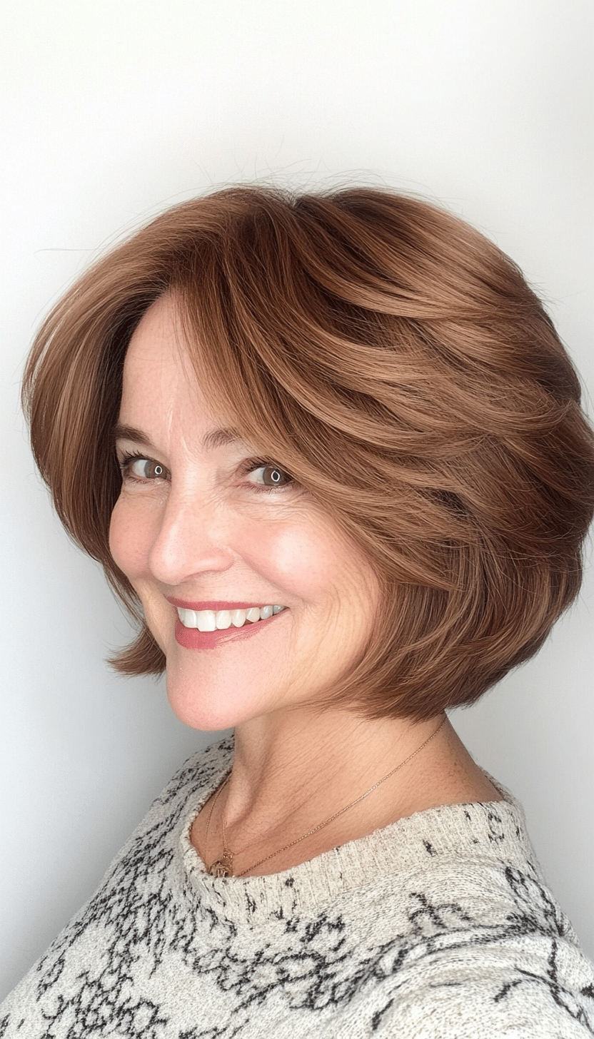 25. Soft Chestnut Layered Bob (Short Layered Hairstyles For Women Over 60) - Short Layered Hairstyles For Women Over 60