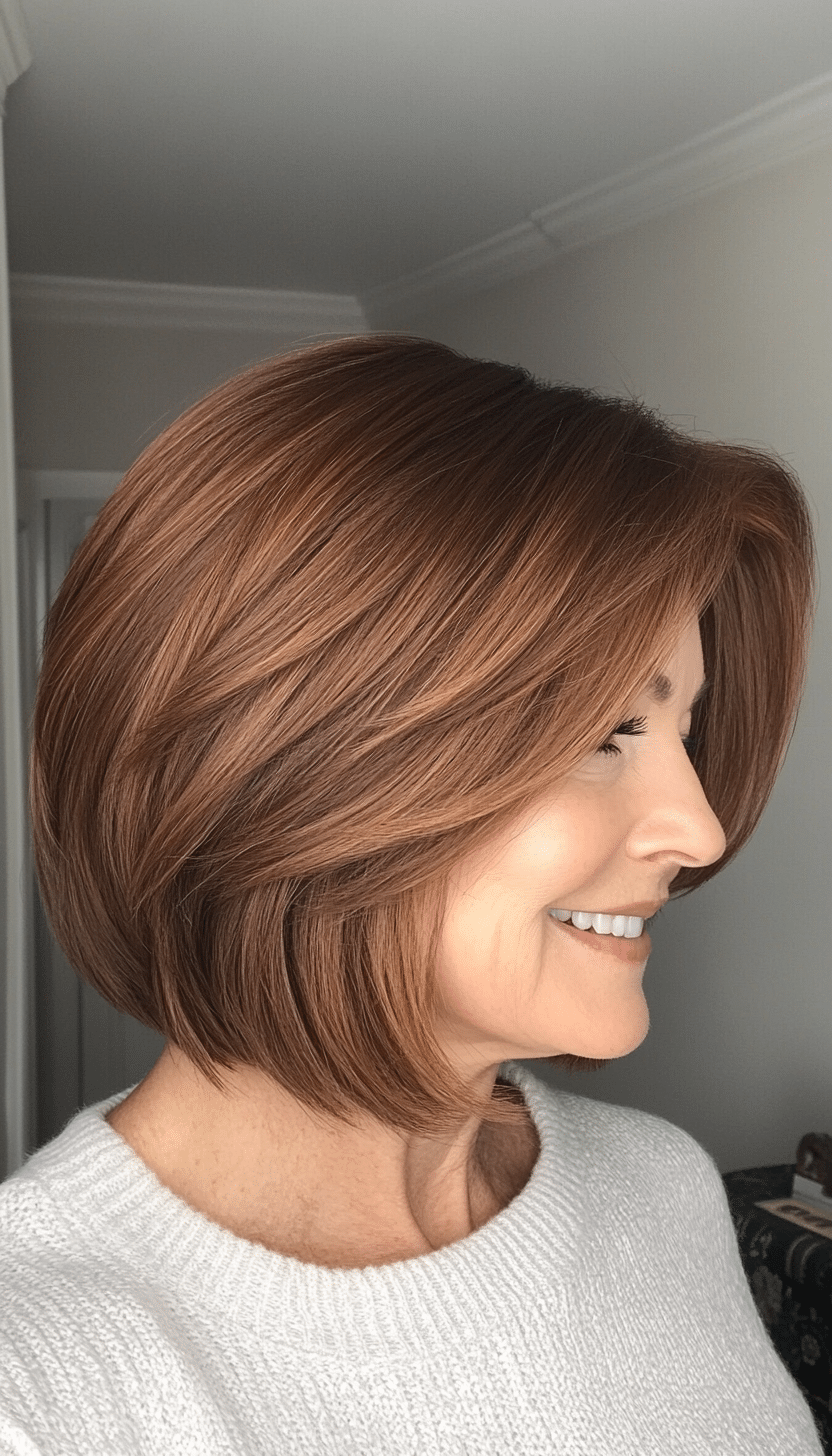 3. Chestnut Layered Bob (Shorter Hairstyles For Older Women) - Shorter Hairstyles For Older Women