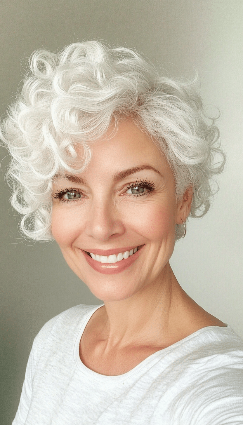 6. Elegant White Curly Pixie (Shorter Hairstyles For Older Women) - Shorter Hairstyles For Older Women