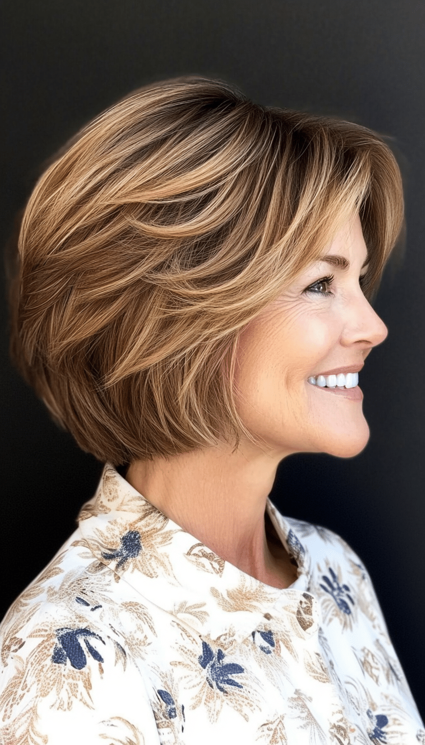 7. Honey Brown Wispy Bob (Shorter Hairstyles For Older Women) - Shorter Hairstyles For Older Women