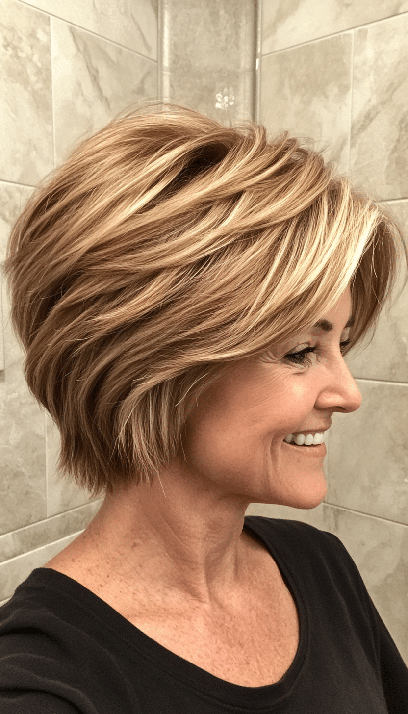 11. Caramel Blonde Layered Pixie (Shorter Hairstyles For Older Women) - Shorter Hairstyles For Older Women