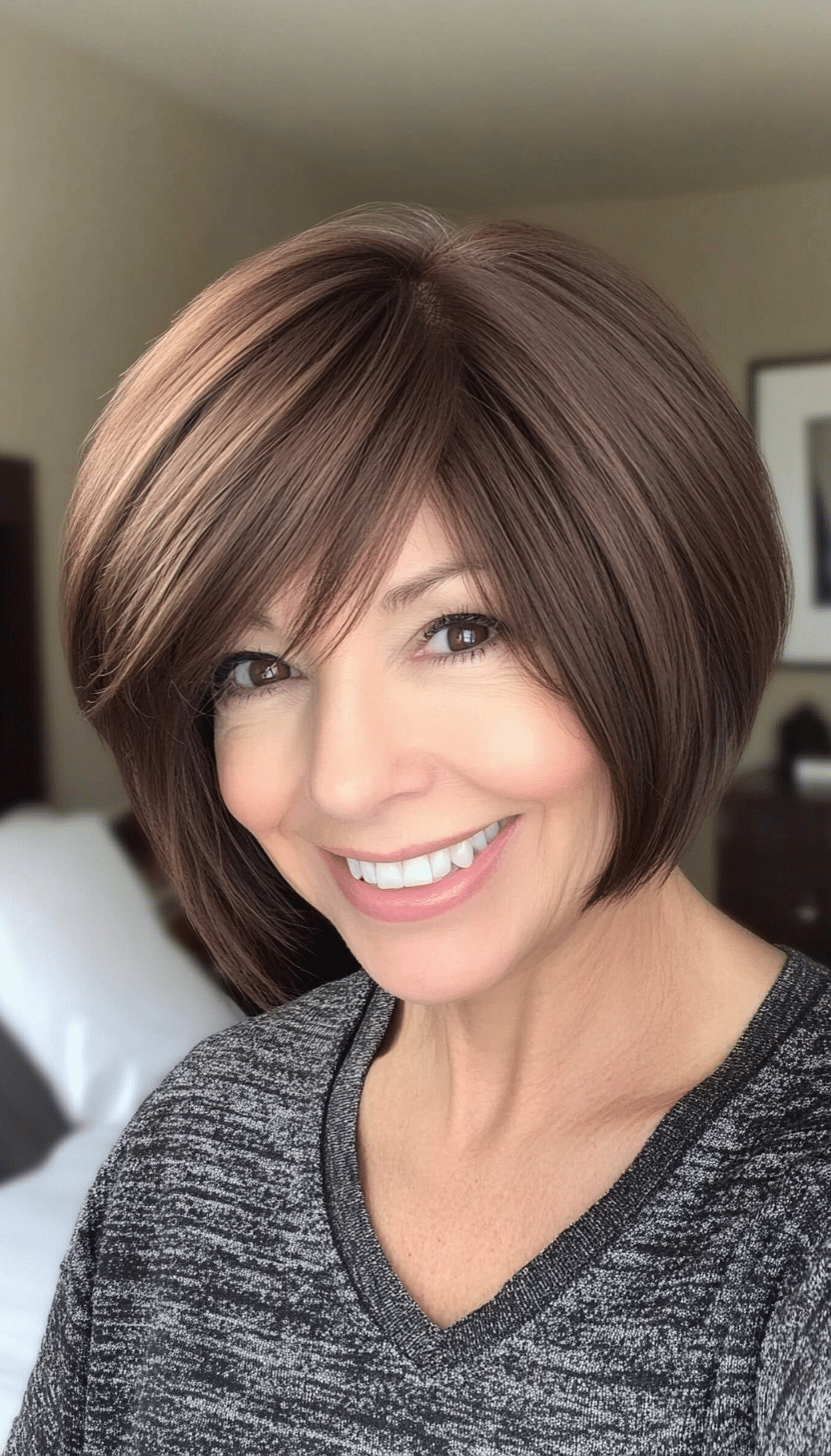 12. Chocolate Brown Bob with Bangs (Shorter Hairstyles For Older Women) - Shorter Hairstyles For Older Women