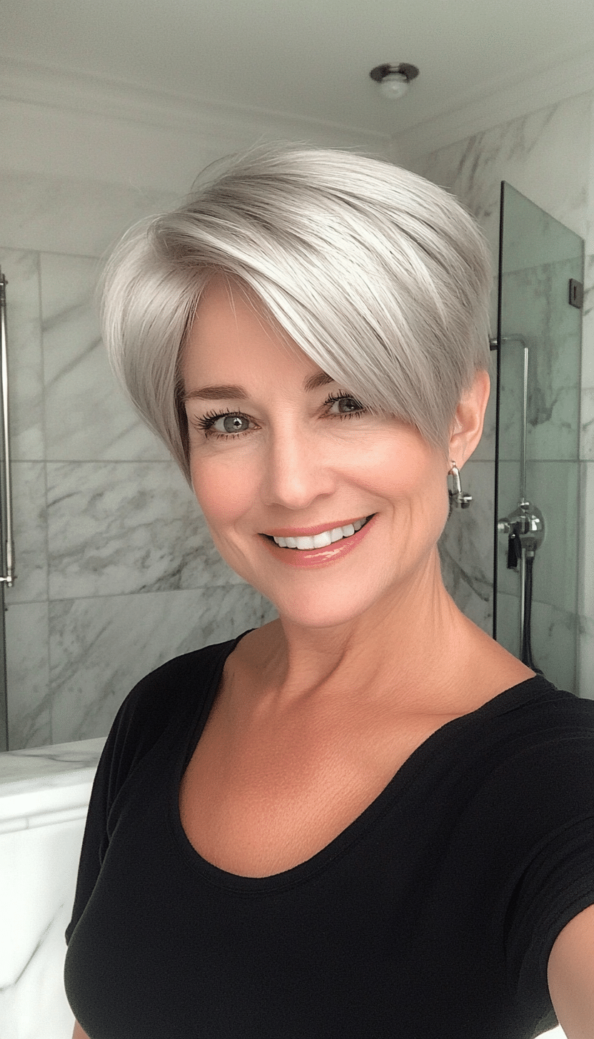 13. Natural Silver Side-Swept Pixie (Shorter Hairstyles For Older Women) - Shorter Hairstyles For Older Women