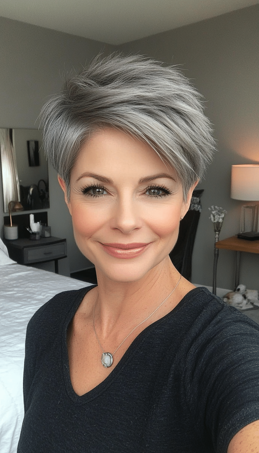 17. Ash Gray Layered Pixie (Shorter Hairstyles For Older Women) - Shorter Hairstyles For Older Women
