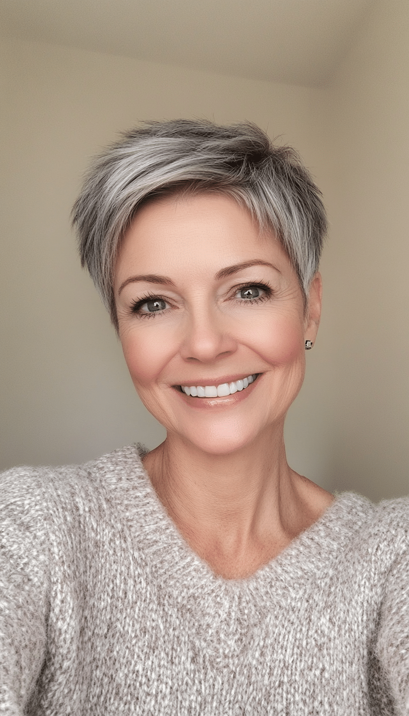 23. Salt and Pepper Short Pixie (Shorter Hairstyles For Older Women) - Shorter Hairstyles For Older Women