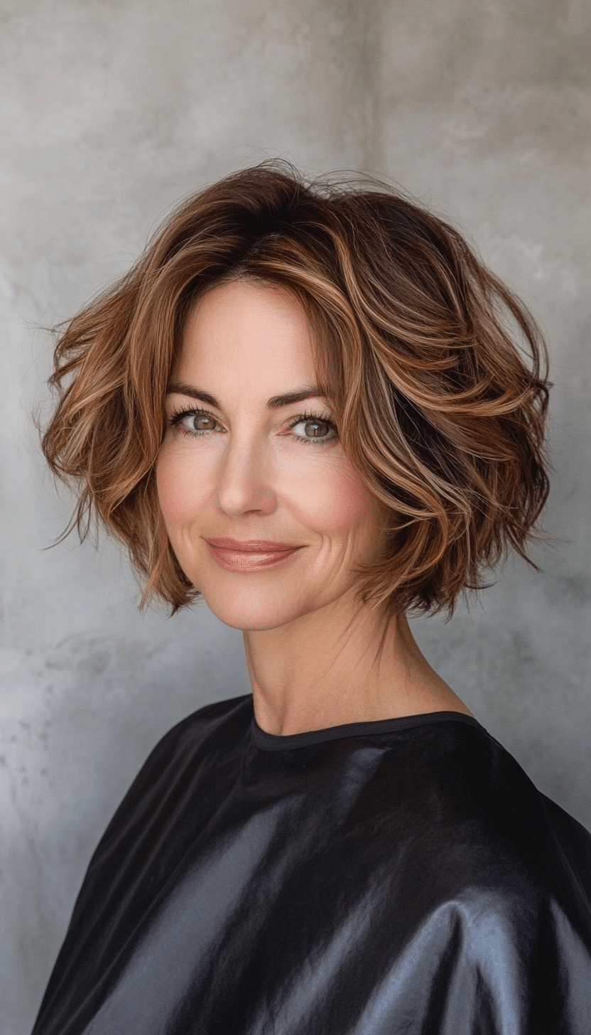 24. Golden Brown Bob with Waves (Shorter Hairstyles For Older Women) - Shorter Hairstyles For Older Women