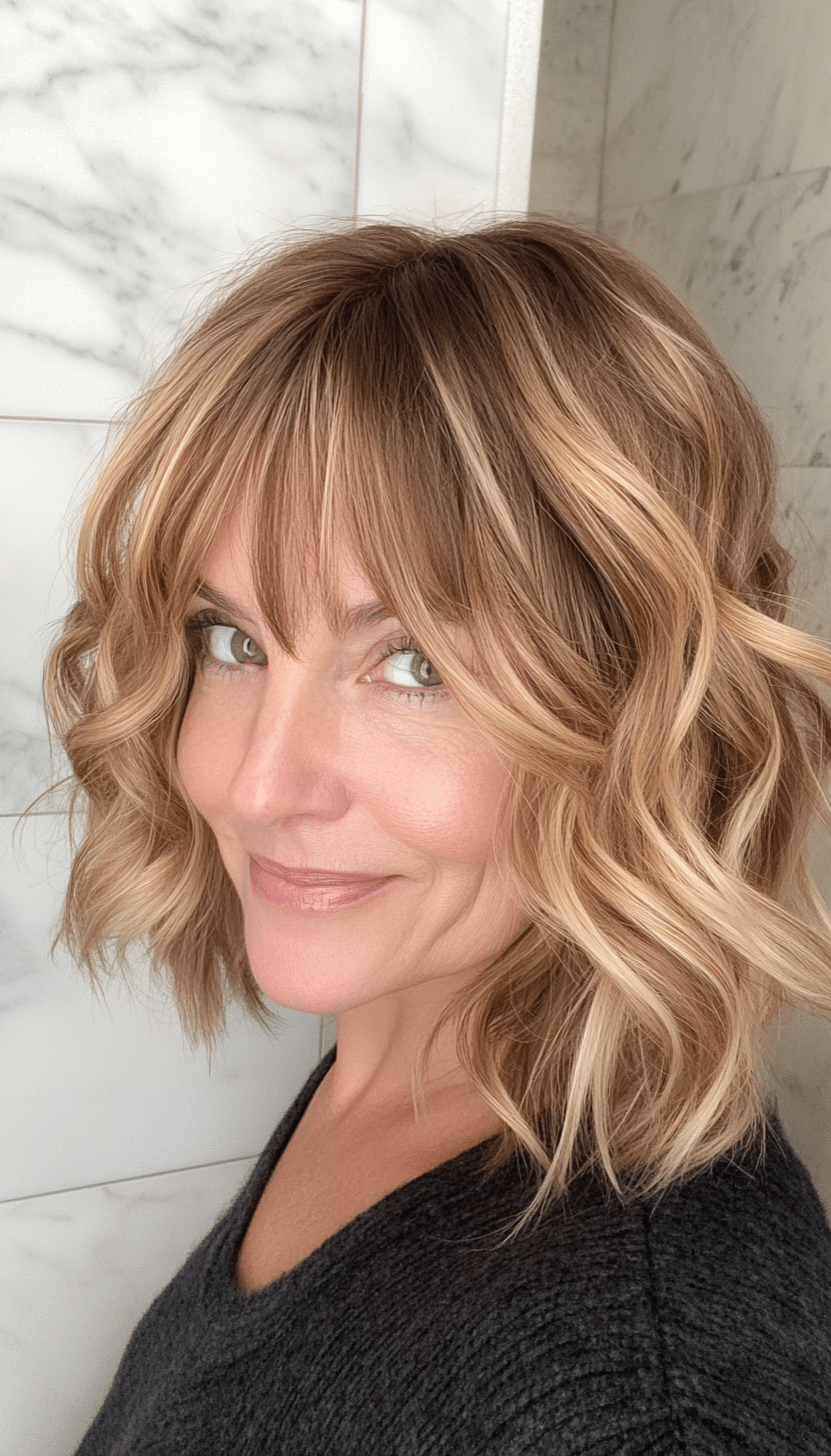 15. Wavy Lob with Bangs Caramel Blonde (Haircuts For Women Over 50 With Thick Hair) - Haircuts For Women Over 50 With Thick Hair