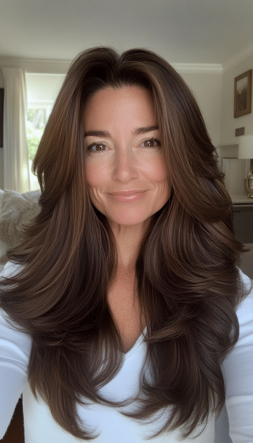 1. Silky Brunette Layers (Long Haircuts For Women Over 40) - Long Haircuts For Women Over 40