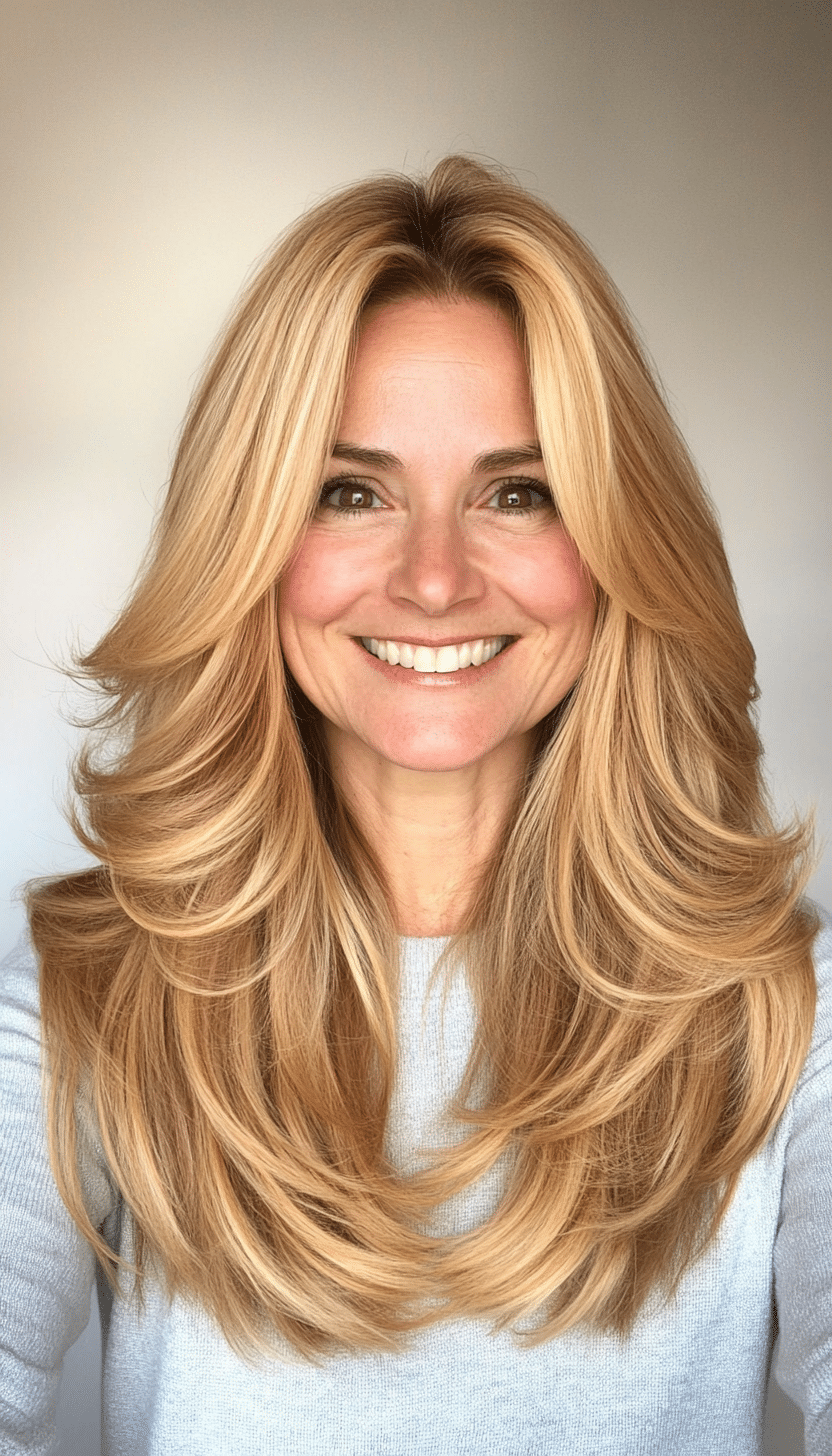 2. Golden Blonde Feather Cut (Long Haircuts For Women Over 40) - Long Haircuts For Women Over 40
