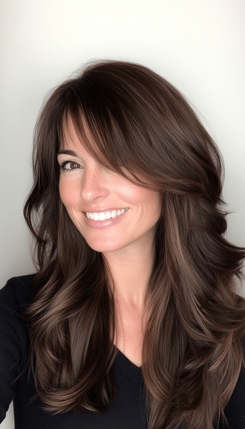 7. Chocolate Brown Curtain Bangs (Long Haircuts For Women Over 40) - Long Haircuts For Women Over 40