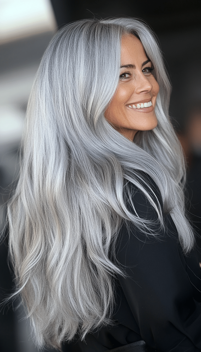 9. Silver Cascade Cut (Long Haircuts For Women Over 40) - Long Haircuts For Women Over 40