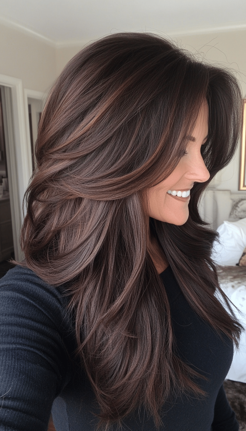11. Dark Brown Textured Layers (Long Haircuts For Women Over 40) - Long Haircuts For Women Over 40