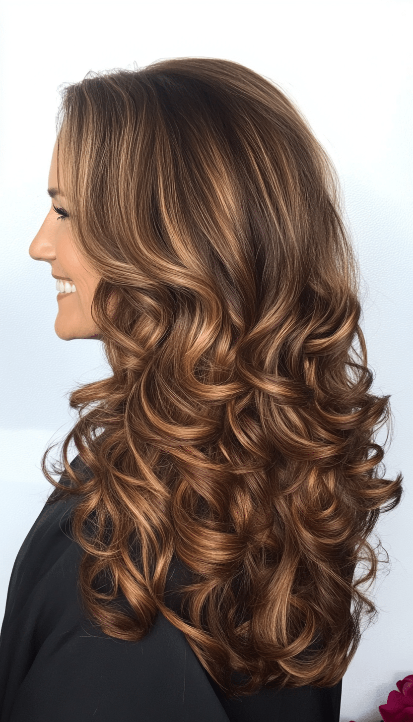 13. Caramel Brunette Spiral Curls (Long Haircuts For Women Over 40) - Long Haircuts For Women Over 40