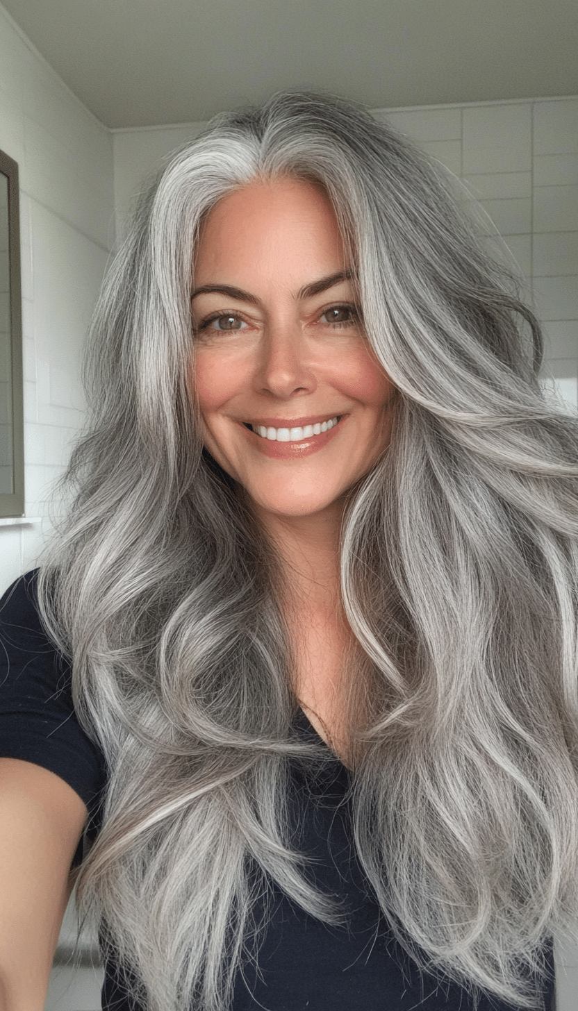 17. Natural Gray Textured Cut (Long Haircuts For Women Over 40) - Long Haircuts For Women Over 40