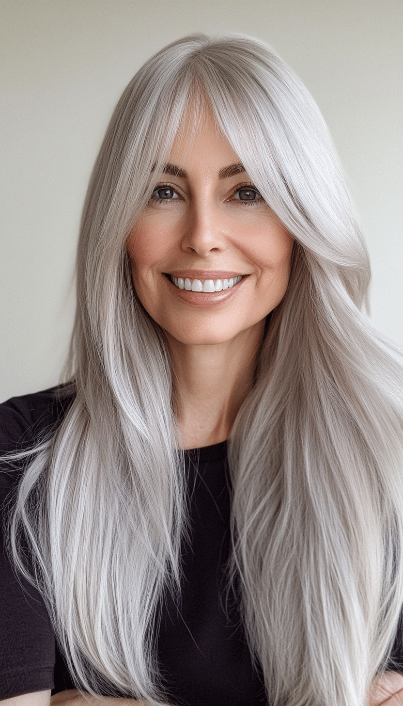 19. Platinum Blonde Long Bangs (Long Haircuts For Women Over 40) - Long Haircuts For Women Over 40