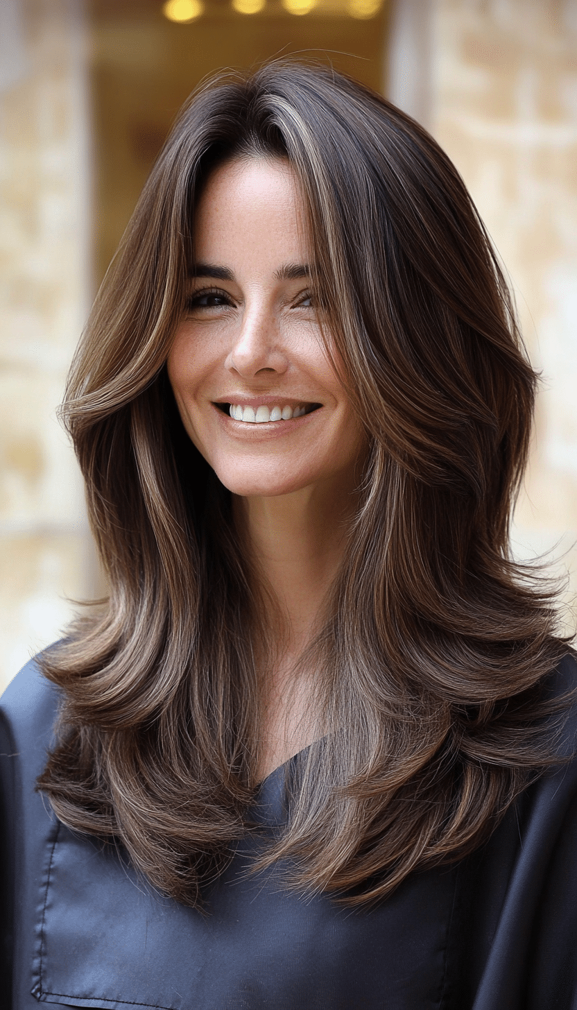 20. Soft Brunette Layered Lob (Long Haircuts For Women Over 40) - Long Haircuts For Women Over 40