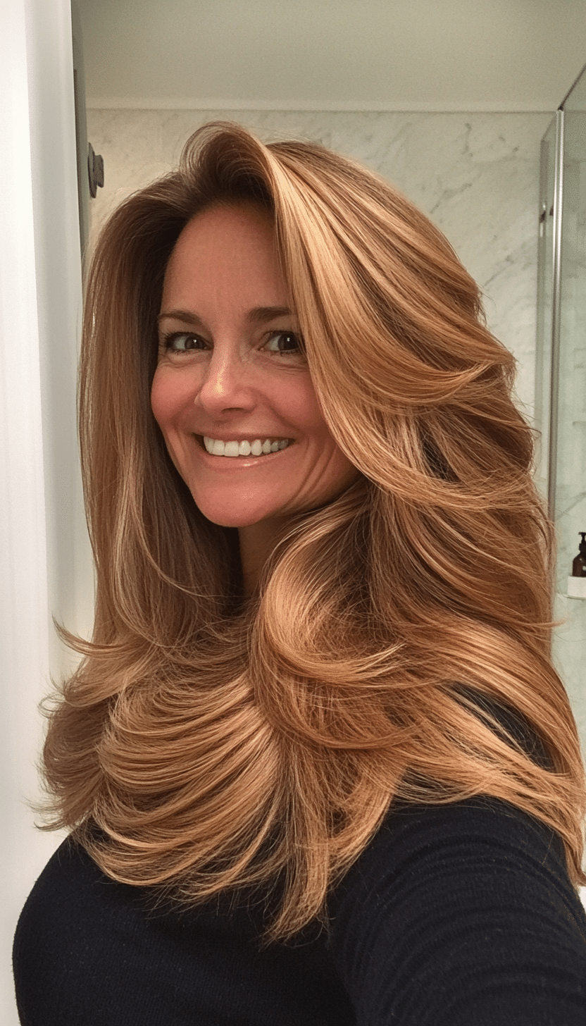 25. Golden Brown Cascade Cut (Long Haircuts For Women Over 40) - Long Haircuts For Women Over 40