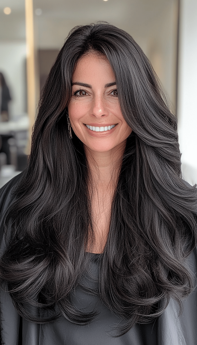 26. Rich Black Long Waves (Long Haircuts For Women Over 40) - Long Haircuts For Women Over 40