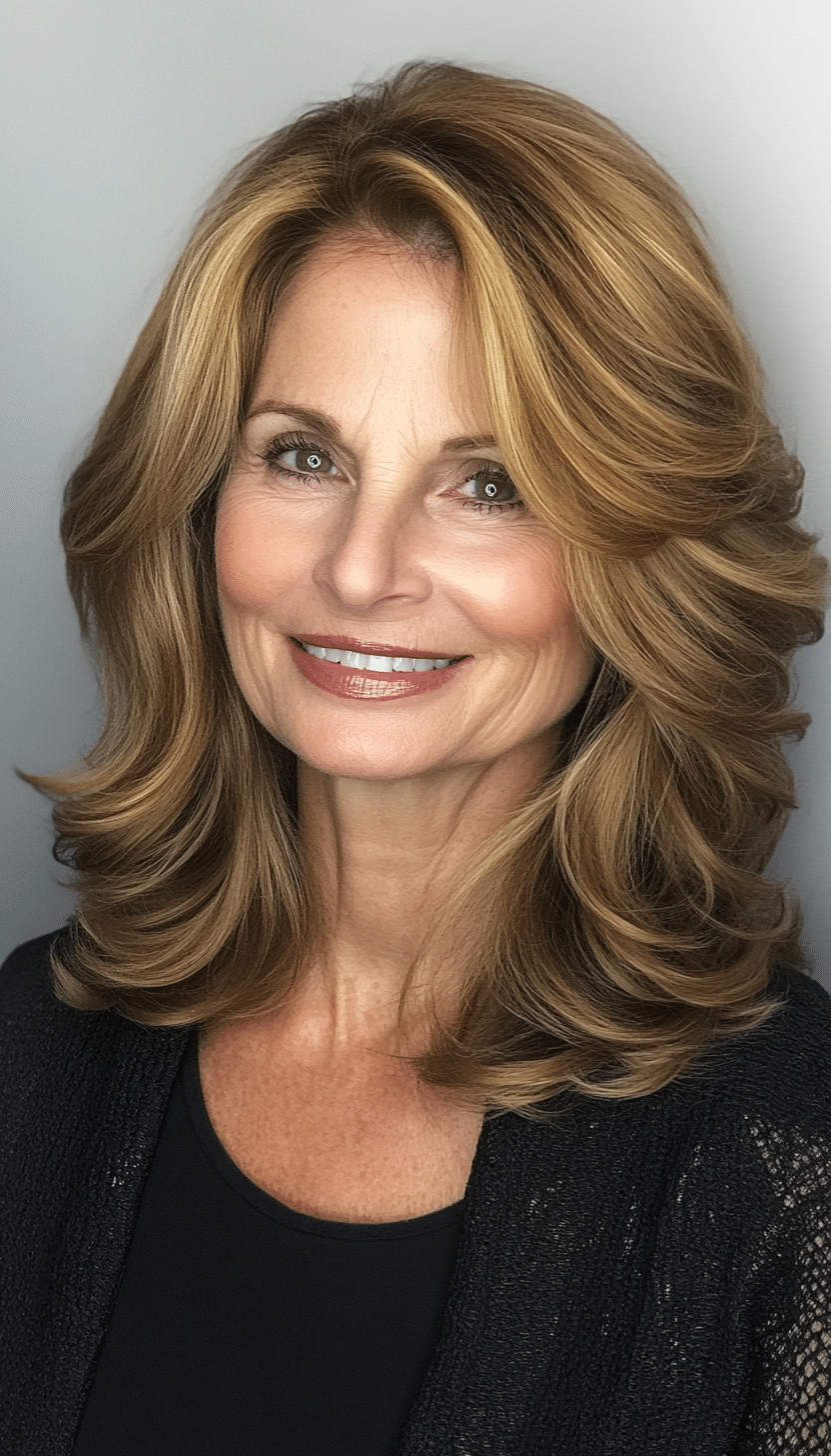4. Golden Brown Layered Waves (Mid Length Hairstyles For Older Women) - Mid Length Hairstyles For Older Women