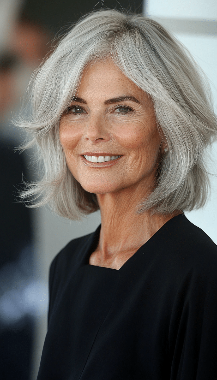5. Natural Salt-and-Pepper Bob (Mid Length Hairstyles For Older Women) - Mid Length Hairstyles For Older Women