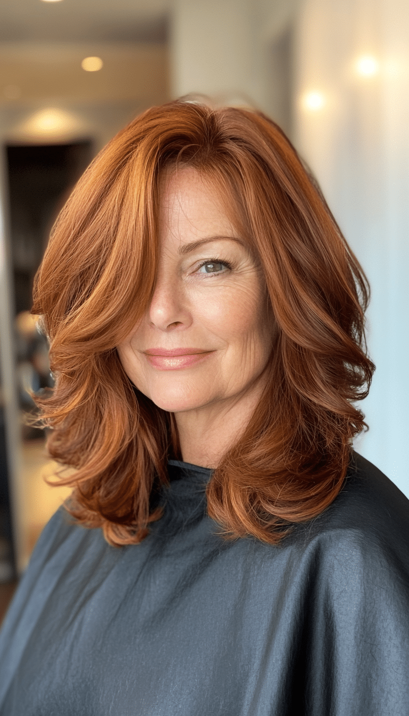 6. Copper Brown Textured Layers (Mid Length Hairstyles For Older Women) - Mid Length Hairstyles For Older Women