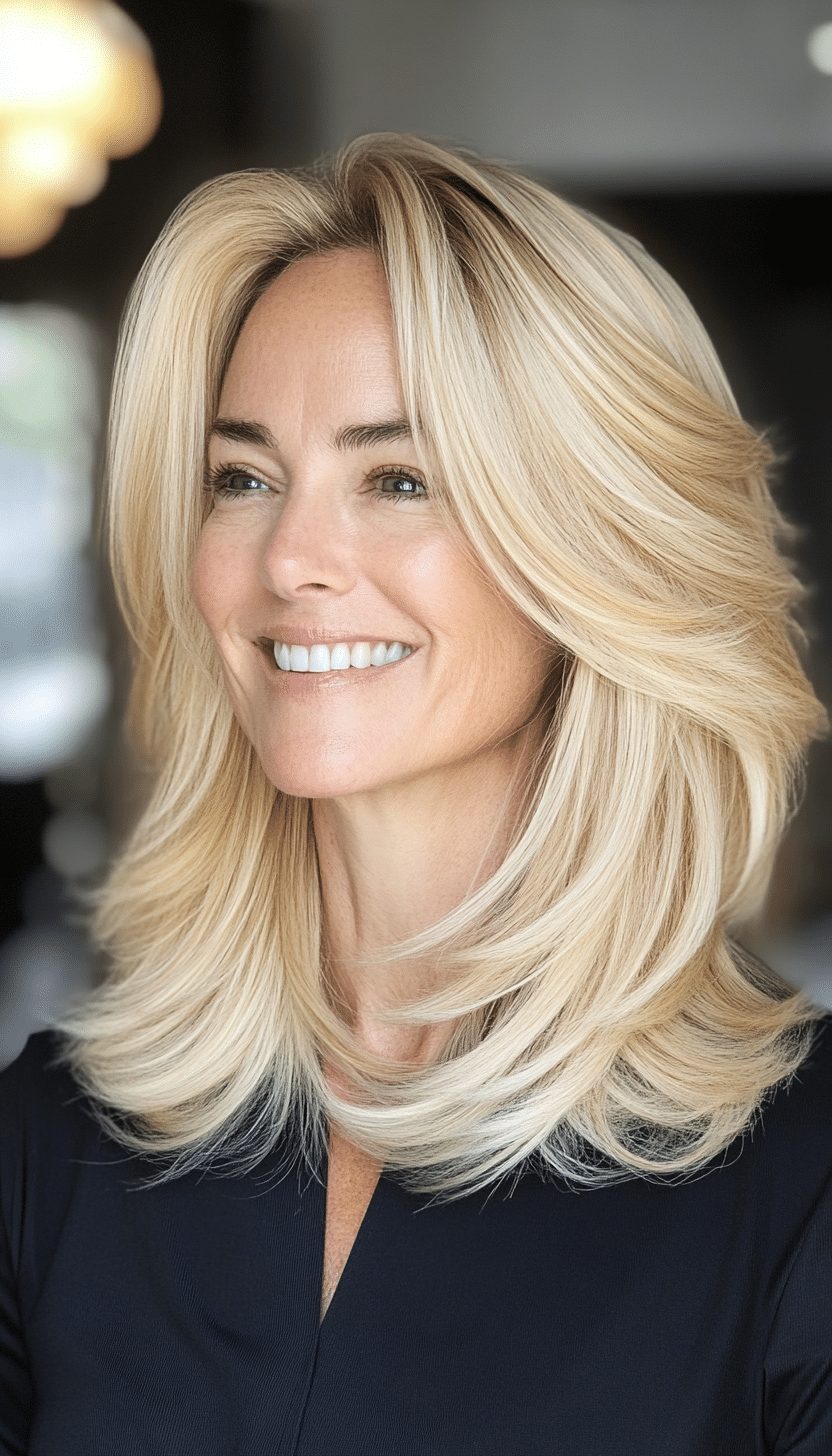 7. Honey Blonde Feathered Cut (Mid Length Hairstyles For Older Women) - Mid Length Hairstyles For Older Women
