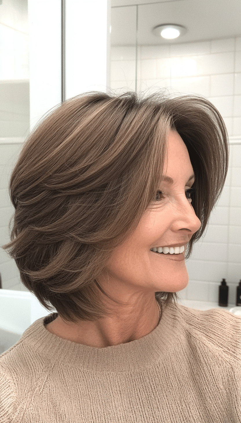 9. Ash Brown Layered Bob (Mid Length Hairstyles For Older Women) - Mid Length Hairstyles For Older Women