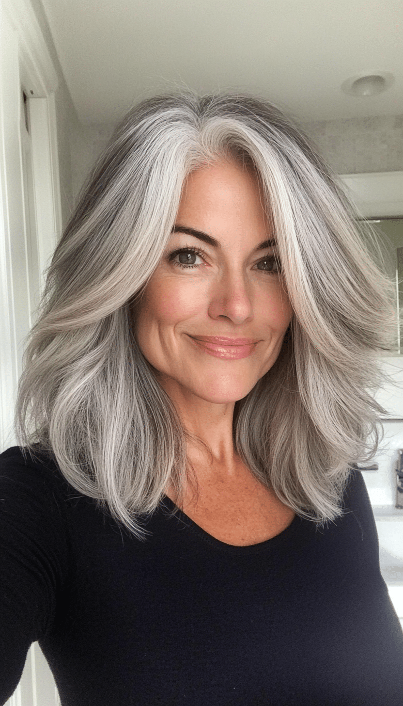 10. Shoulder-Length Gray Balayage (Mid Length Hairstyles For Older Women) - Mid Length Hairstyles For Older Women