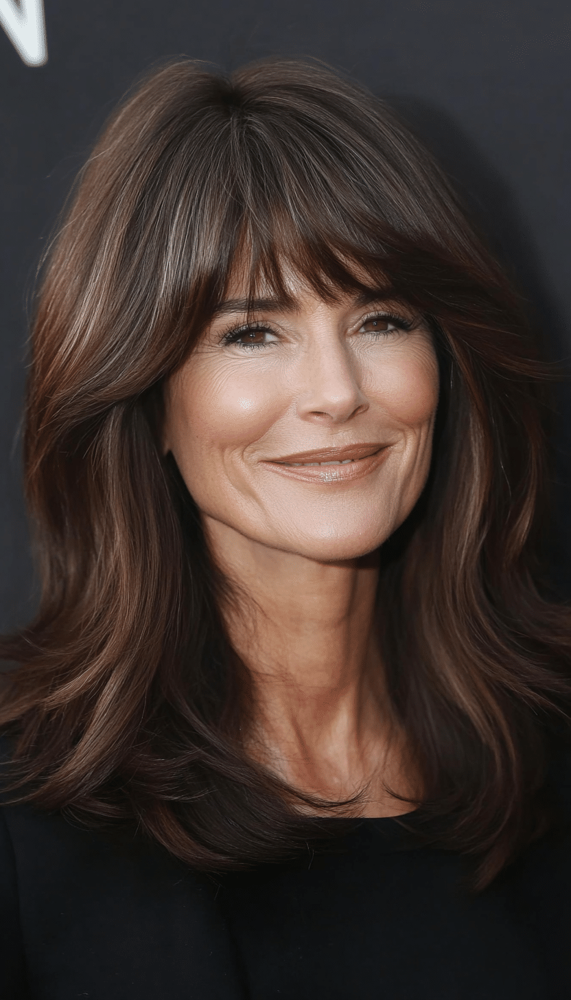 11. Chocolate Brown Curtain Bangs (Mid Length Hairstyles For Older Women) - Mid Length Hairstyles For Older Women