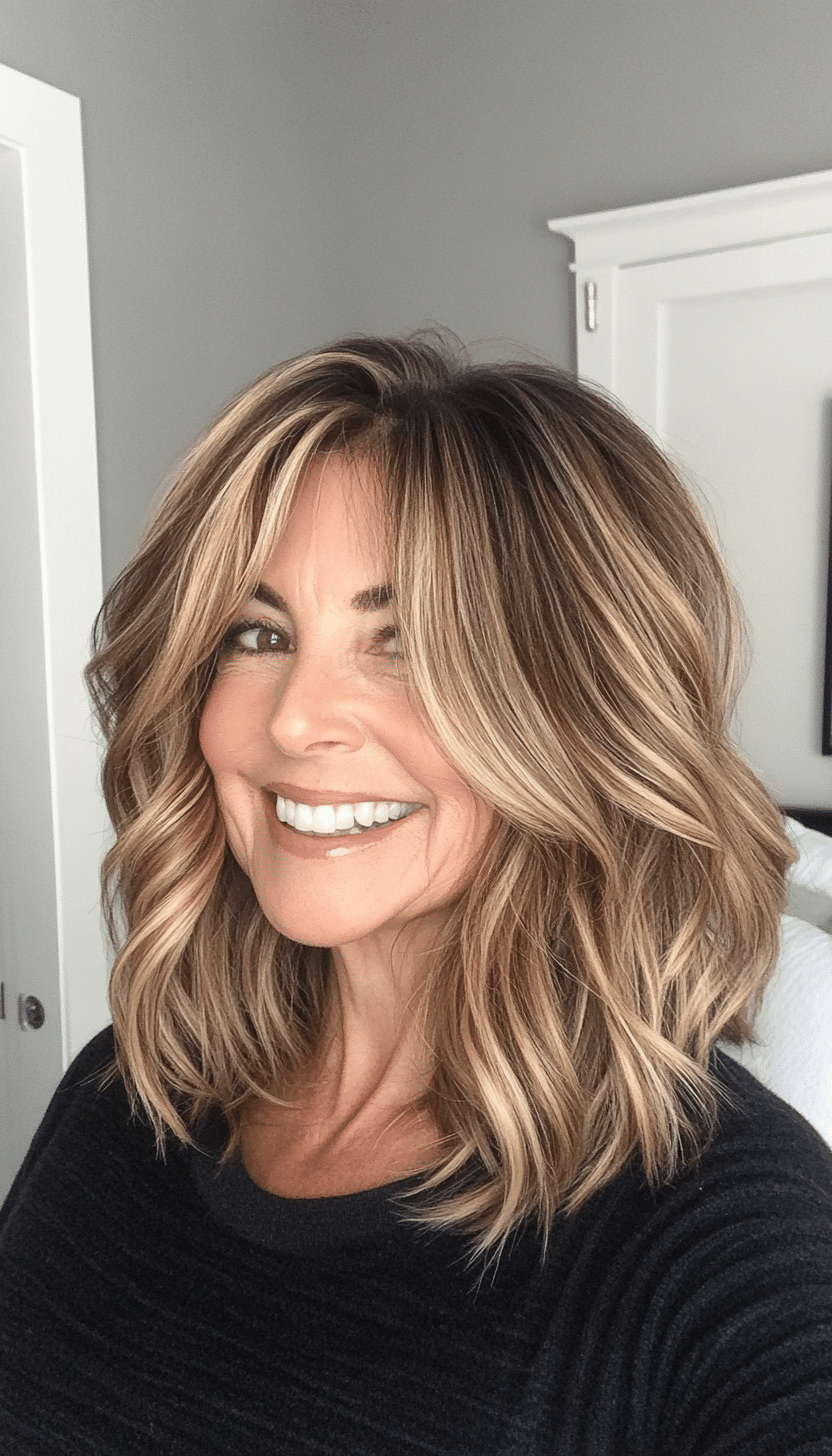 12. Soft Caramel Highlights Lob (Mid Length Hairstyles For Older Women) - Mid Length Hairstyles For Older Women