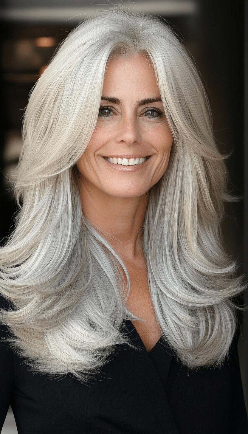 13. Silver Blonde Voluminous Layers (Mid Length Hairstyles For Older Women) - Mid Length Hairstyles For Older Women