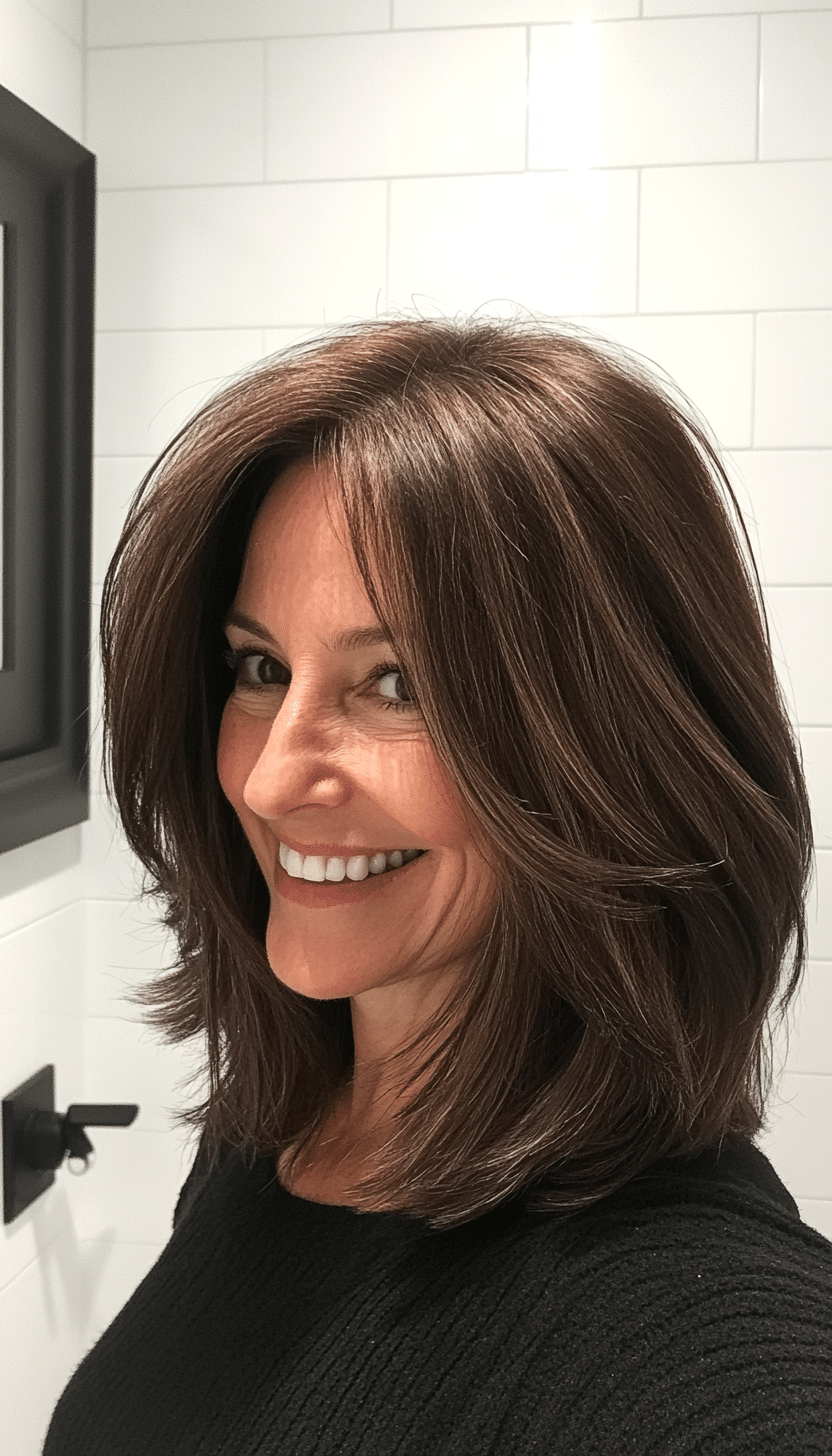 14. Natural Medium Brunette Lob (Mid Length Hairstyles For Older Women) - Mid Length Hairstyles For Older Women