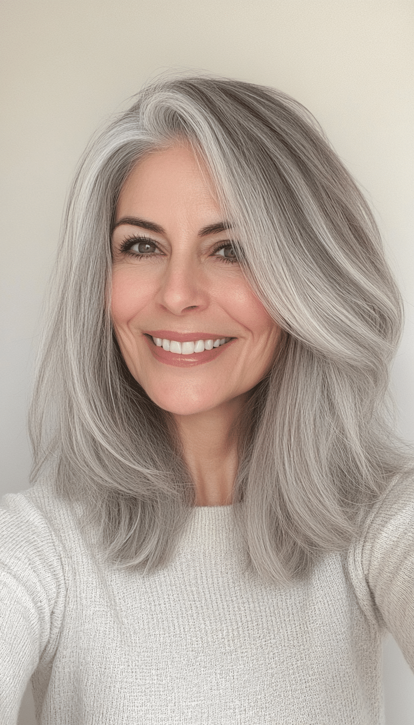 16. Soft Layered Gray Lob (Mid Length Hairstyles For Older Women) - Mid Length Hairstyles For Older Women