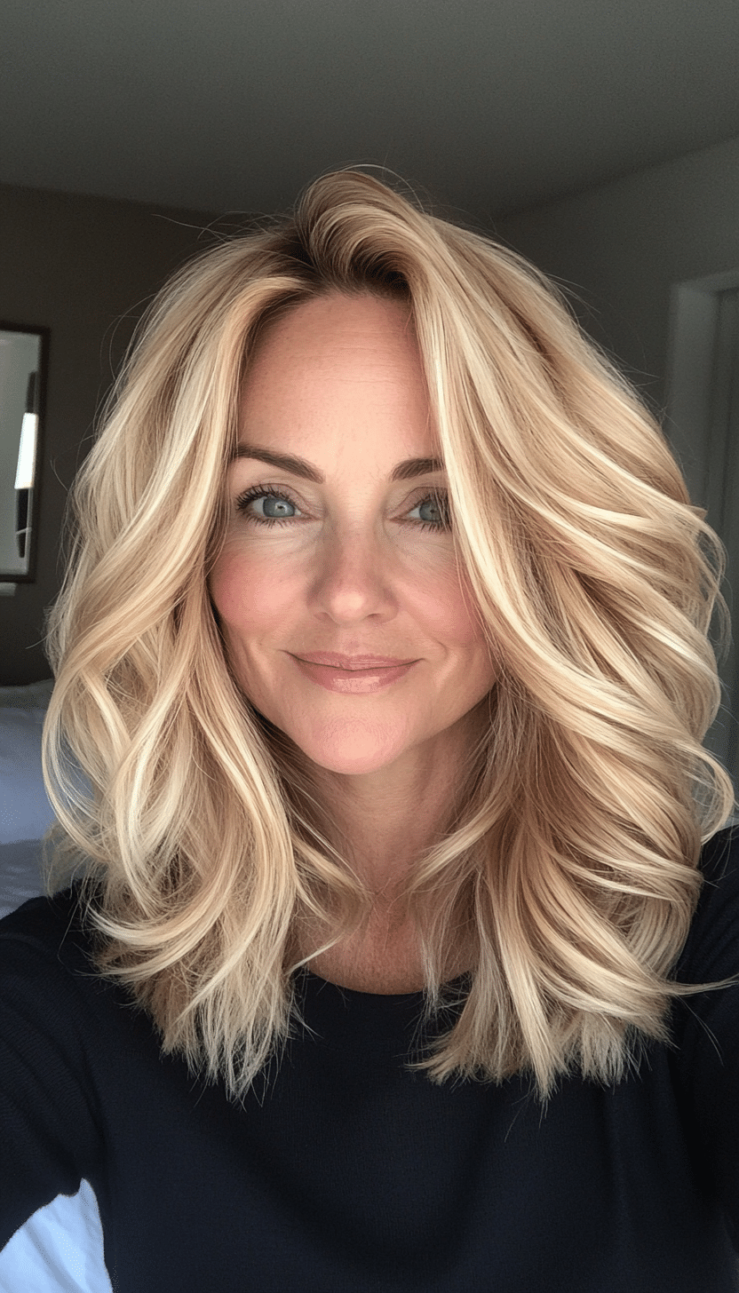 17. Medium Golden Blonde Waves (Mid Length Hairstyles For Older Women) - Mid Length Hairstyles For Older Women