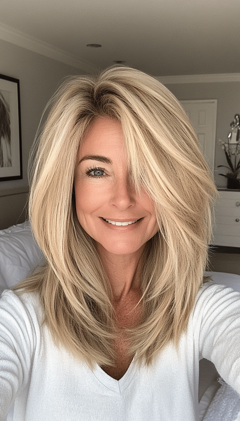 19. Sandy Blonde Textured Layers (Mid Length Hairstyles For Older Women) - Mid Length Hairstyles For Older Women