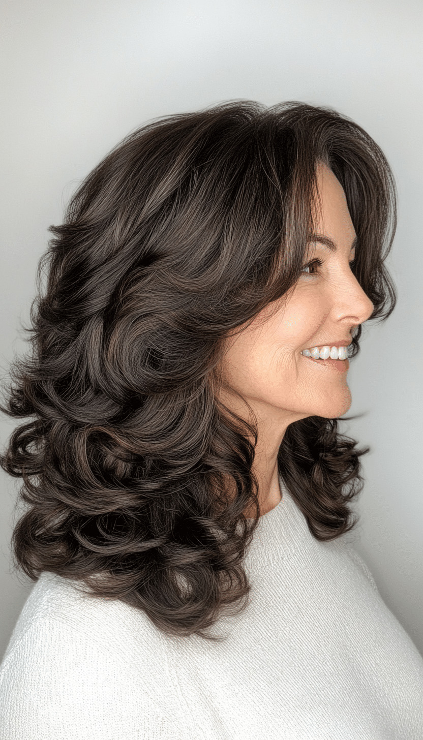 21. Dark Brown Layered Curls (Mid Length Hairstyles For Older Women) - Mid Length Hairstyles For Older Women