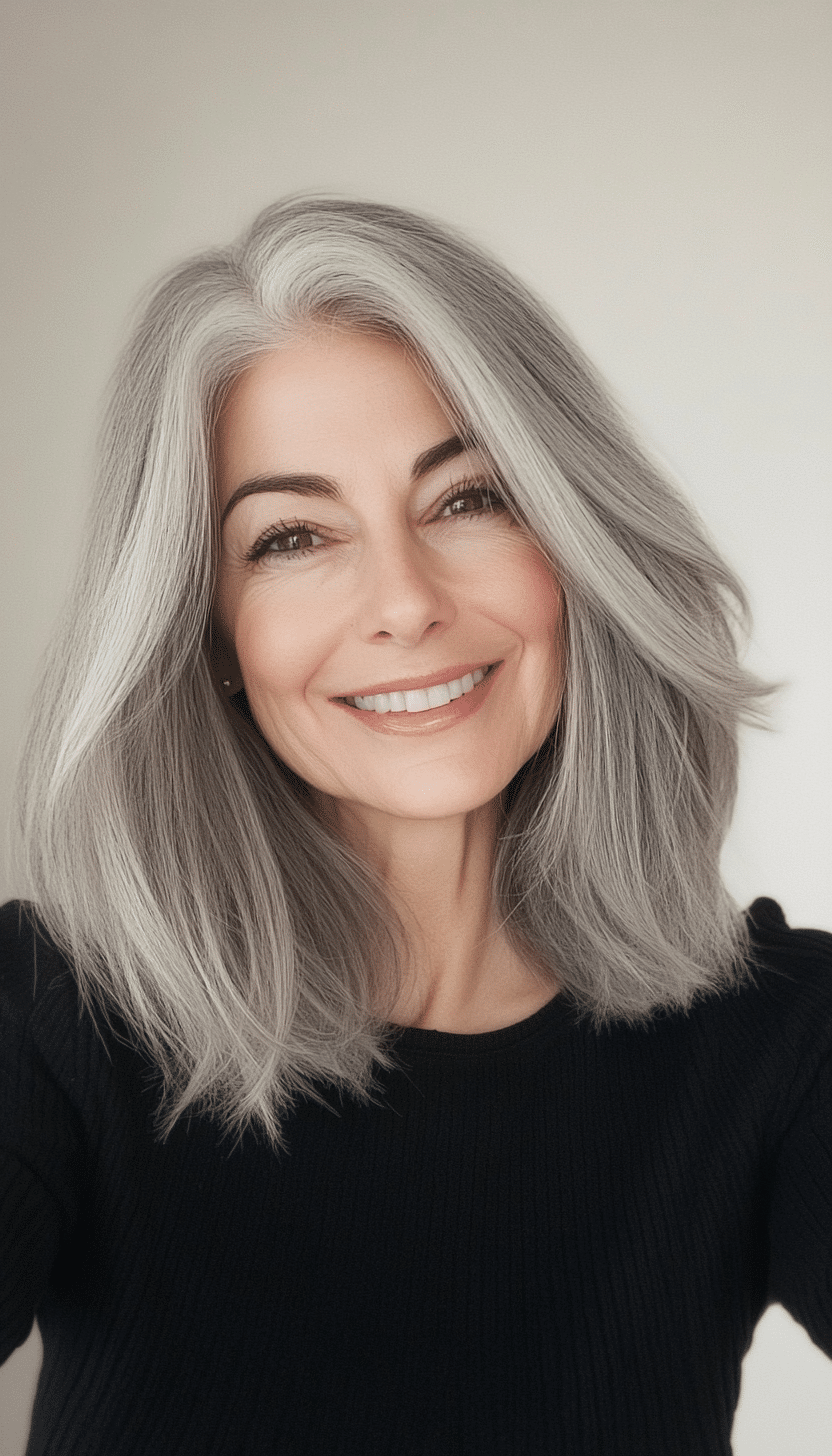 25. Natural Gray Layered Lob (Mid Length Hairstyles For Older Women) - Mid Length Hairstyles For Older Women