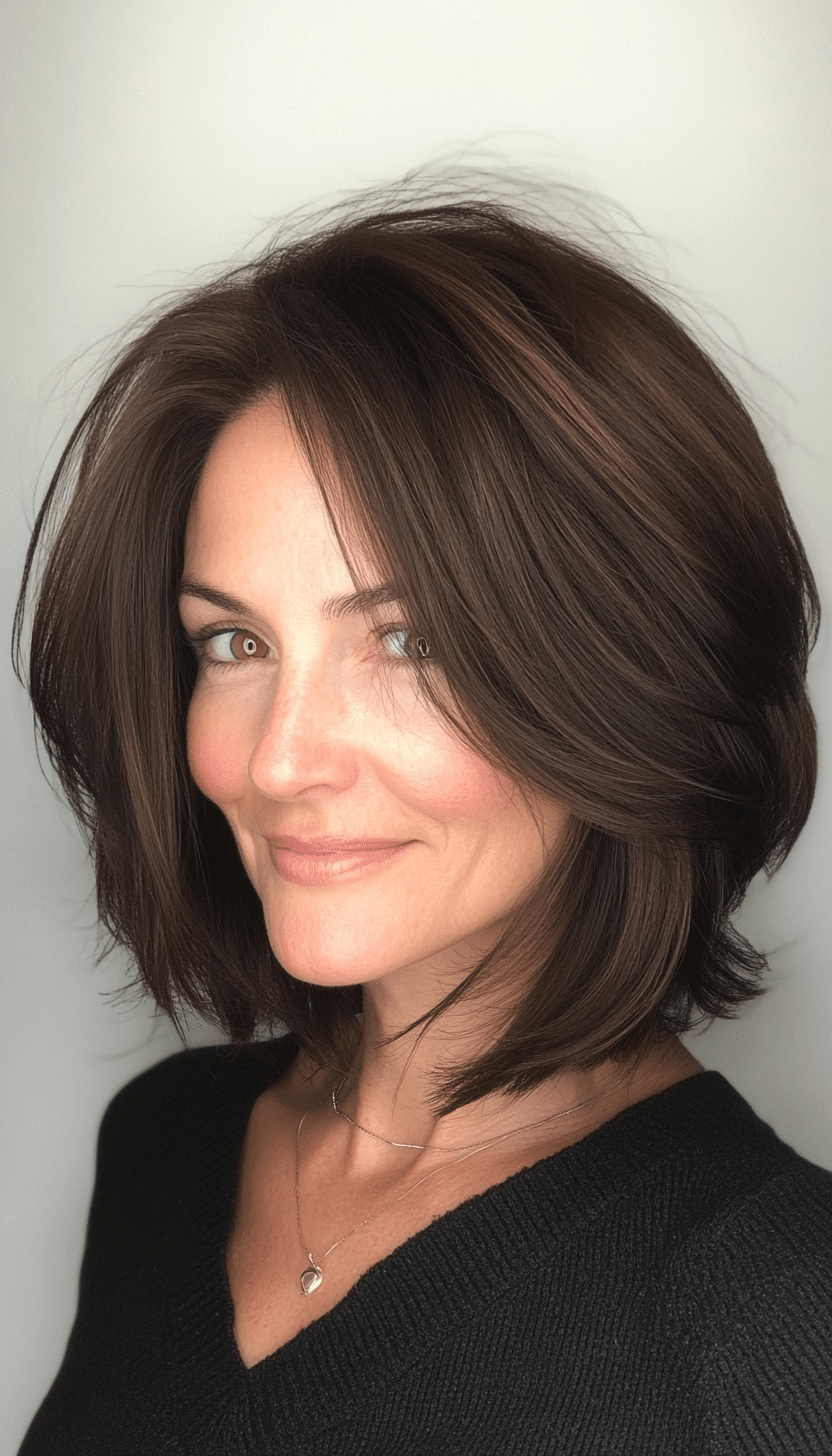 27. Layered Espresso Brown Lob (Mid Length Hairstyles For Older Women) - Mid Length Hairstyles For Older Women