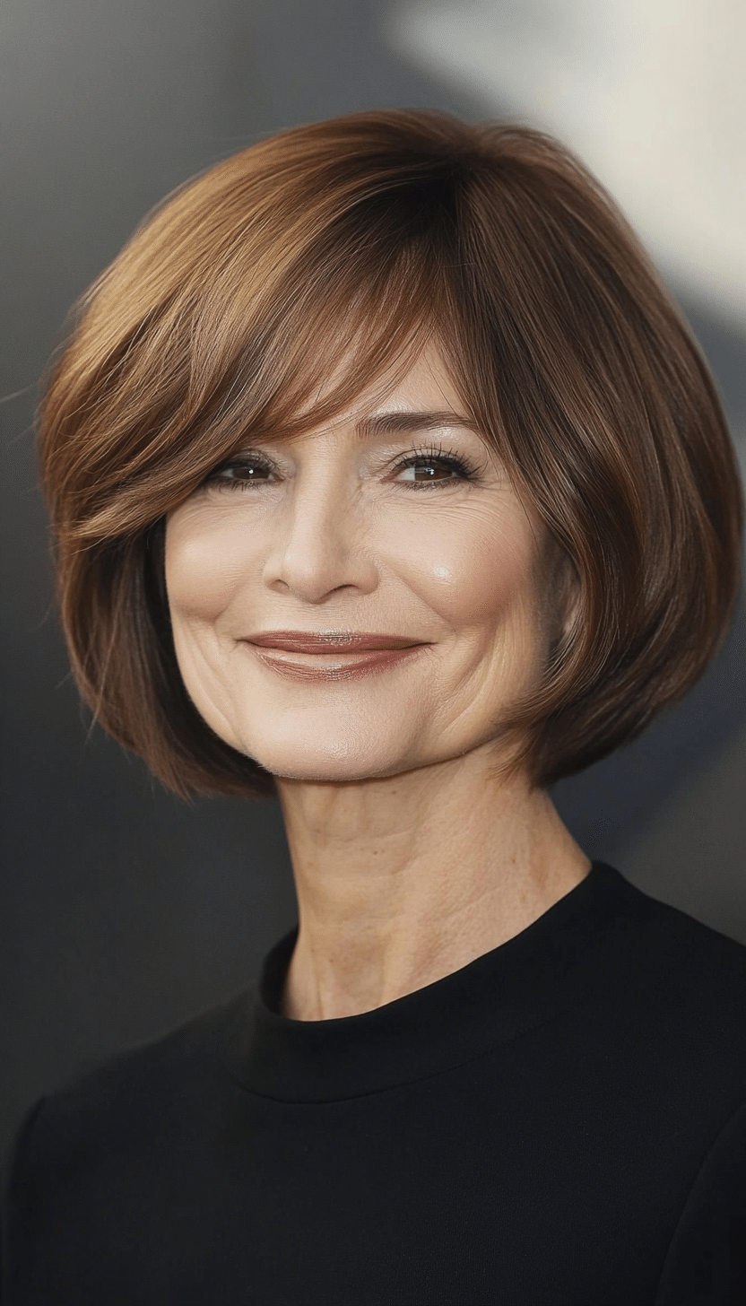 11. Cool Brown Side-Swept Bob (Short Haircuts For Women Over 60 With Fine Hair) - Short Haircuts For Women Over 60 With Fine Hair