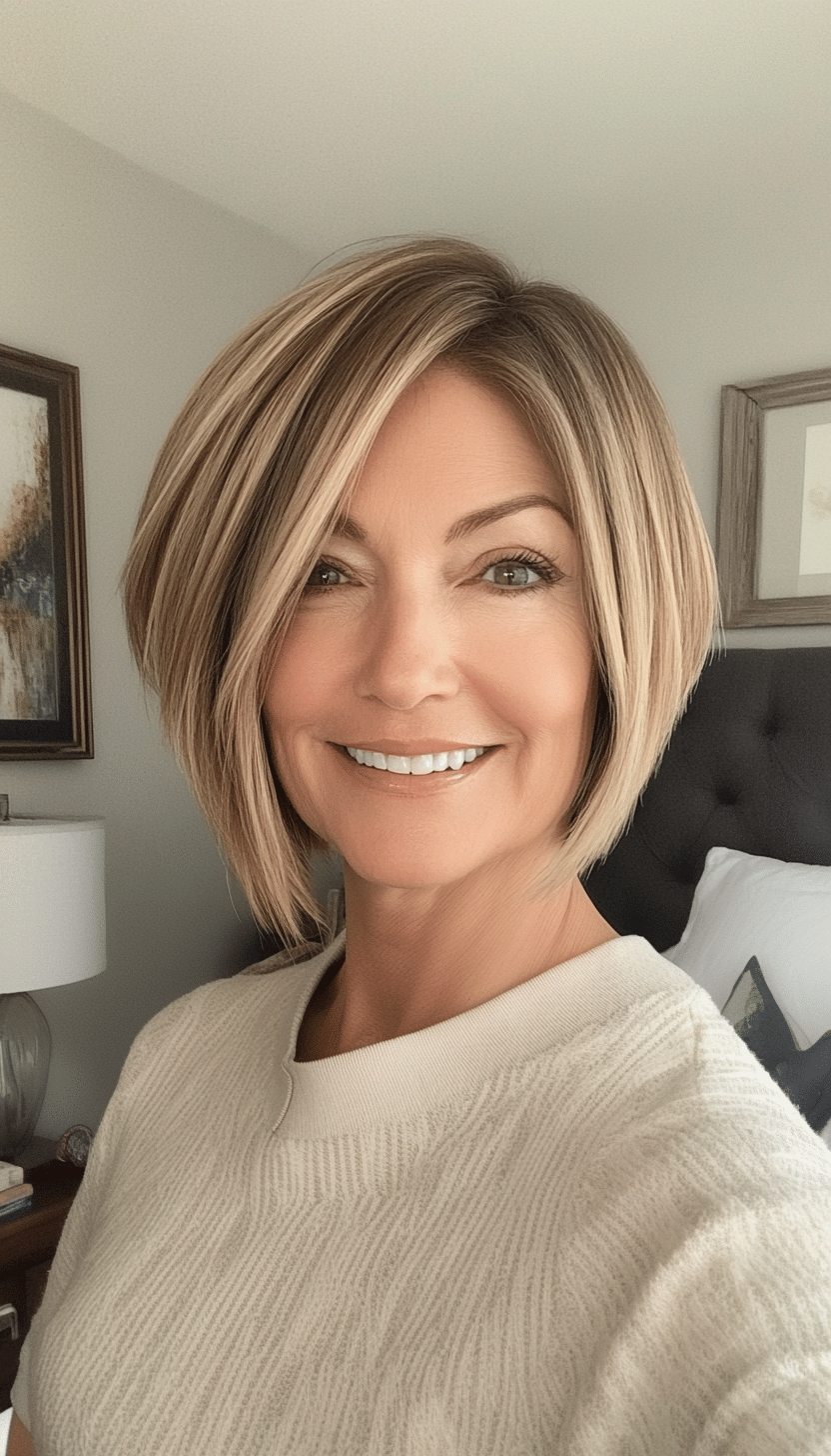 14. Caramel Blonde Angled Bob (Short Haircuts For Women Over 60 With Fine Hair) - Short Haircuts For Women Over 60 With Fine Hair