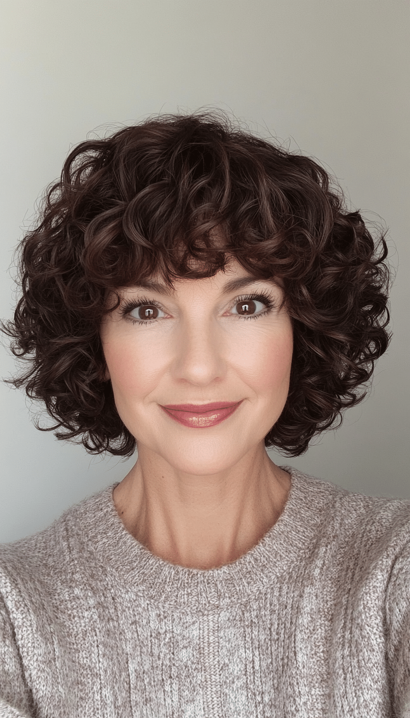 8. Chocolate Brown Curly Fringe (Short Hairstyles For Older Women With Curly Hair) - Short Hairstyles For Older Women With Curly Hair