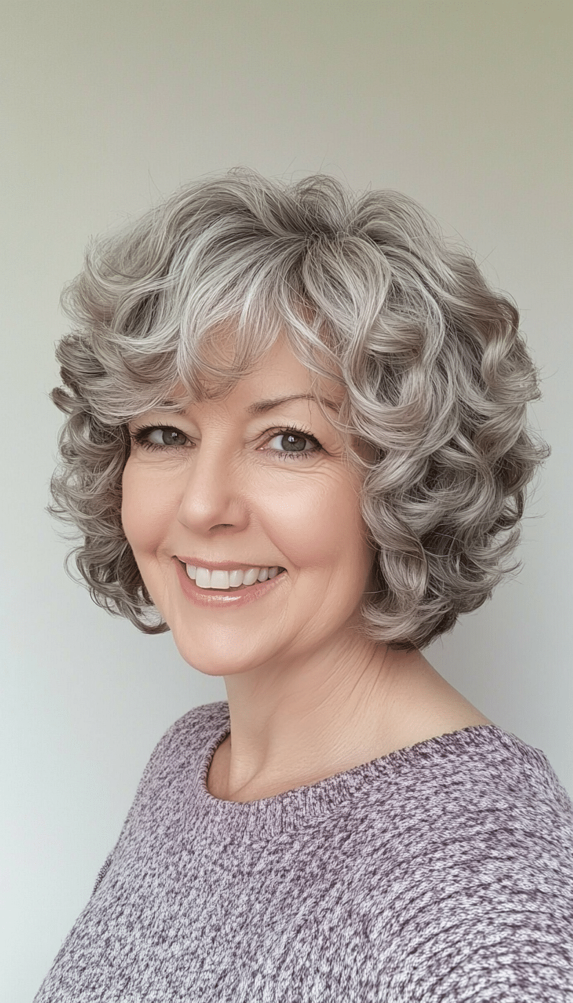 9. Warm Gray Curly Bob (Short Hairstyles For Older Women With Curly Hair) - Short Hairstyles For Older Women With Curly Hair