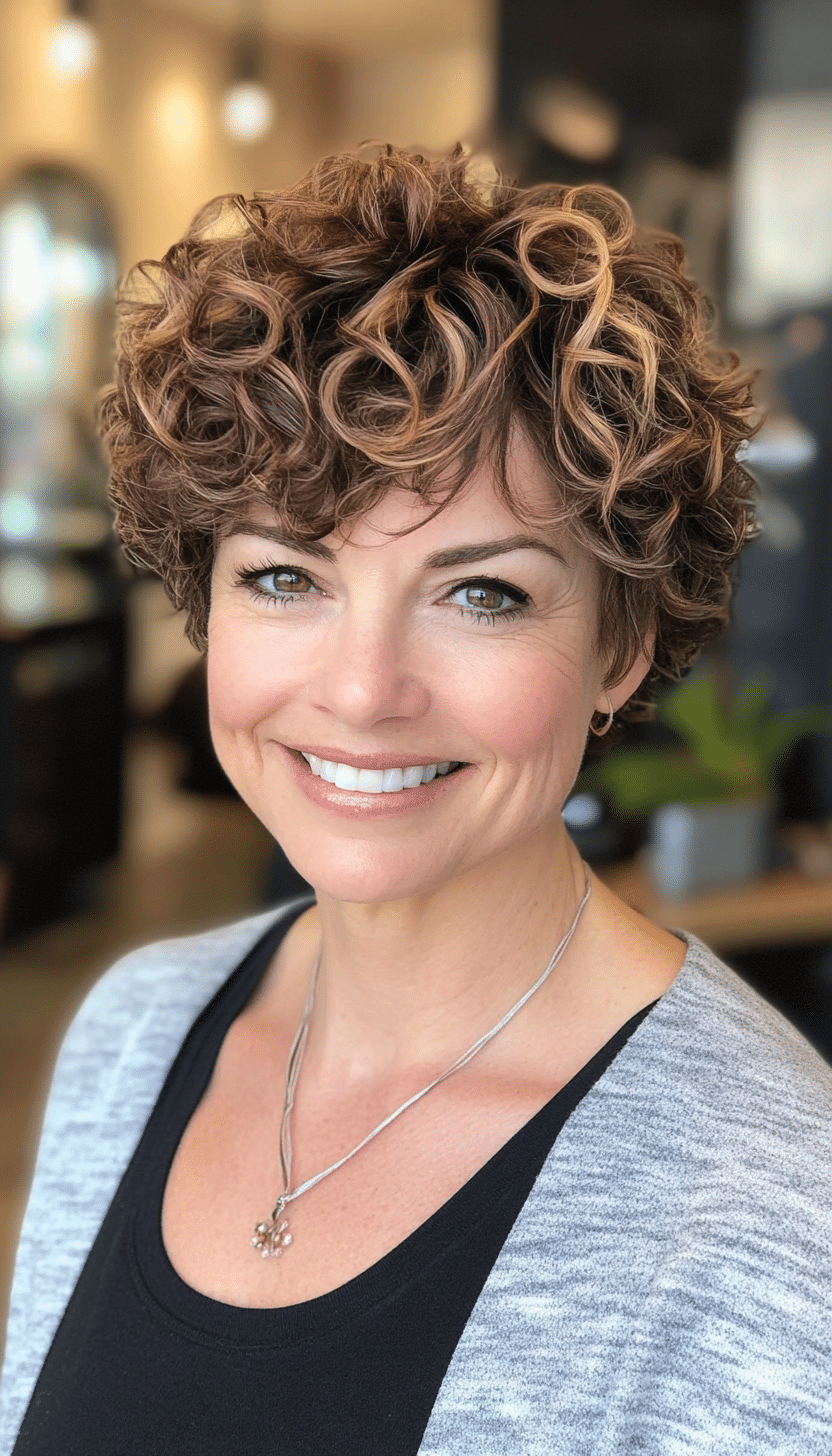 18. Caramel Highlighted Pixie (Short Hairstyles For Older Women With Curly Hair) - Short Hairstyles For Older Women With Curly Hair