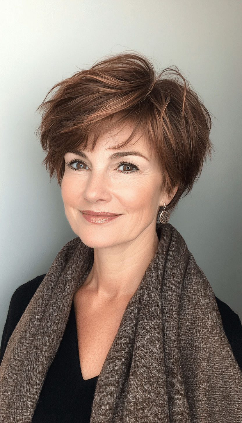 14. Warm Brown Pixie Bob (Short Hairstyles For Women Over 50 With Fine Hair) - Short Hairstyles For Women Over 50 With Fine Hair