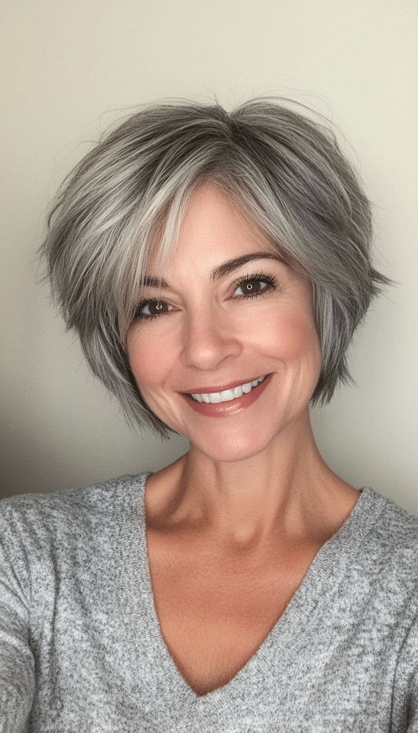 23. Soft Gray Layered Pixie Bob (Short Hairstyles For Women Over 50 With Fine Hair) - Short Hairstyles For Women Over 50 With Fine Hair