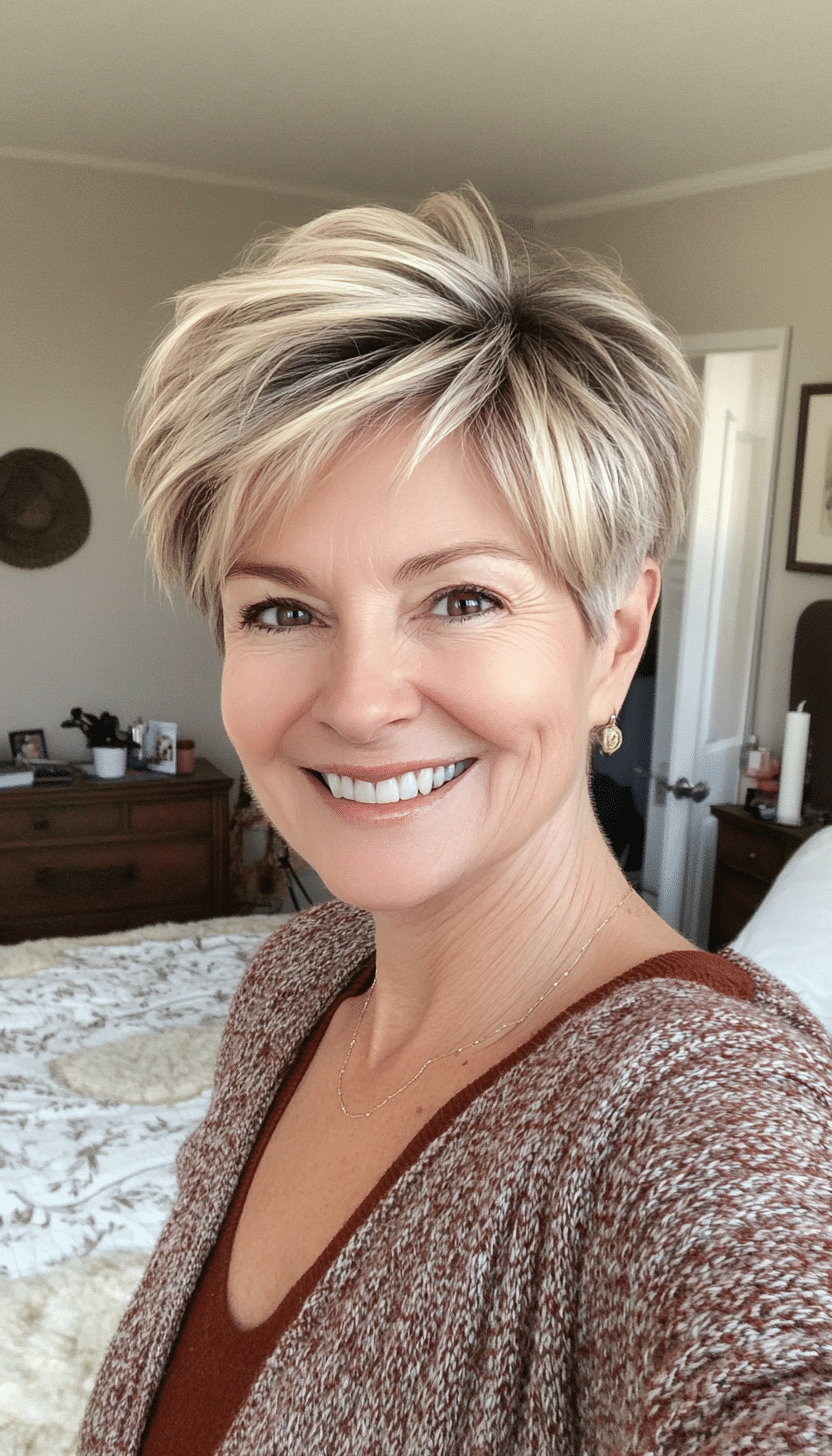 24. Blonde Highlights on Soft Pixie (Short Hairstyles For Women Over 50 With Fine Hair) - Short Hairstyles For Women Over 50 With Fine Hair