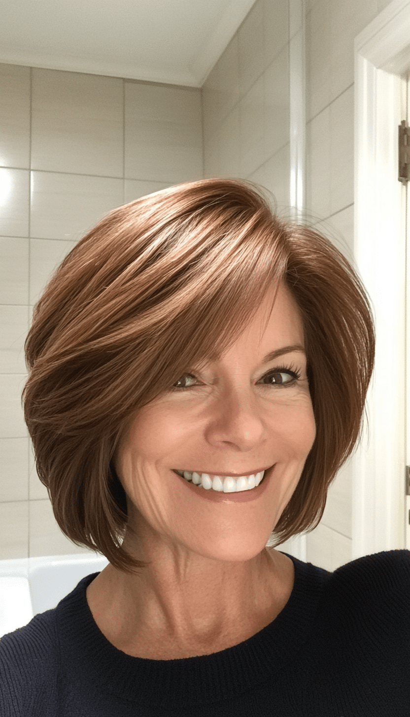 26. Chestnut Feathered Bob (Short Hairstyles For Women Over 50 With Fine Hair) - Short Hairstyles For Women Over 50 With Fine Hair