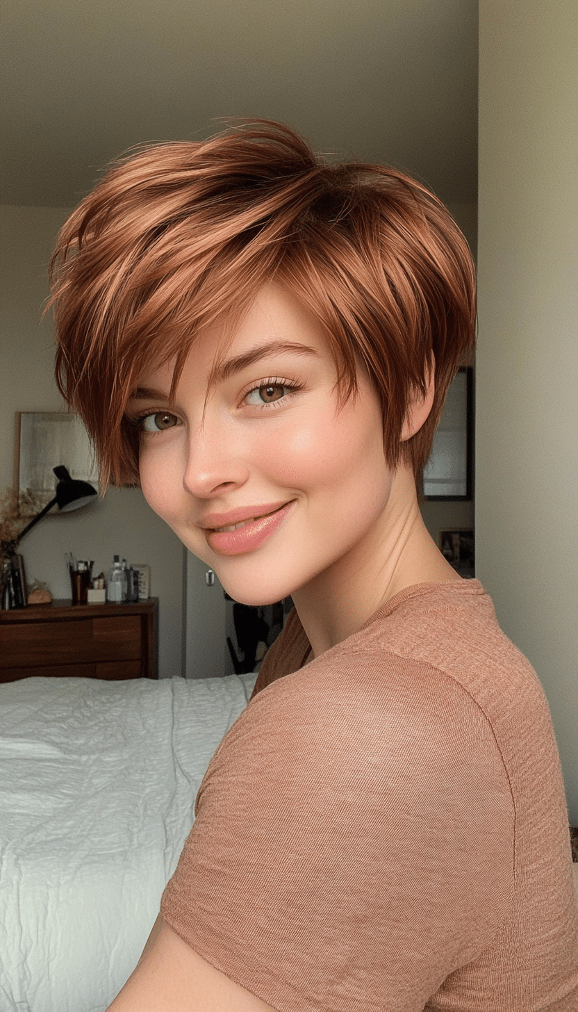 1. Soft Auburn Pixie (Short Layered Haircuts With Side Bangs) - Short Layered Haircuts With Side Bangs